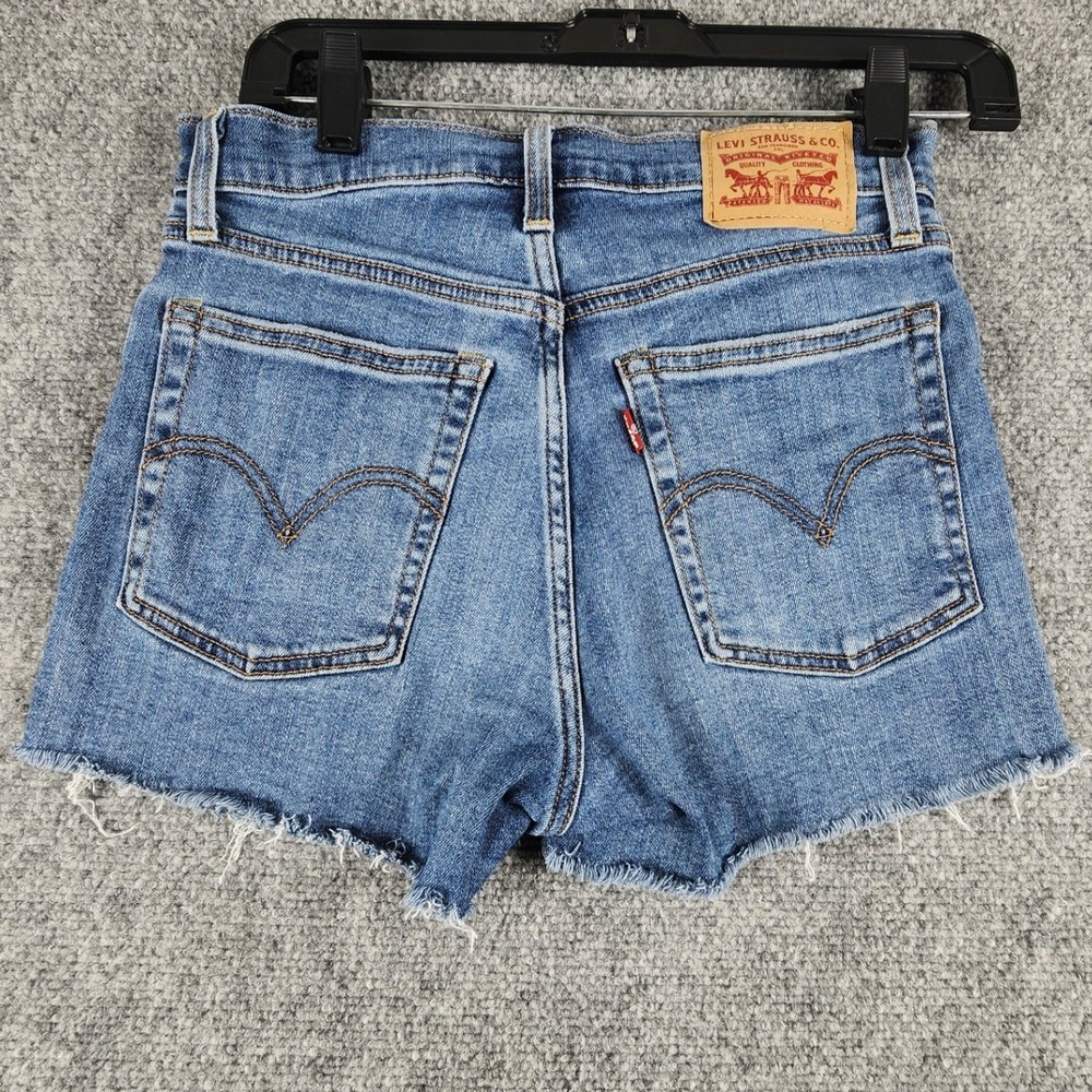 Levis Womens High Rise Medium Wash Distressed Denim Shorts Raw Hem Medium Blue - Picture 2 of 6